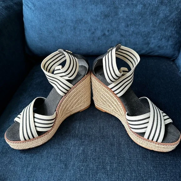 Tory Burch Black and White Wedge Espadrille Shoes - Picture 10 of 10